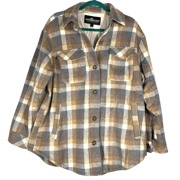 Fleet Street Womens Button Up Wool Blend Shacket Shirt Jacket 1X Neutral Plaid - Picture 1 of 11